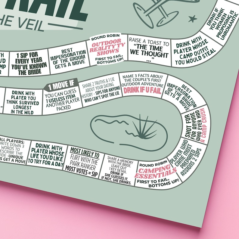 Custom Camp Bach drinking game printable designed as an editable party game for a cabin bachelorette or outdoor bridal shower activity. This editable board game allows you to personalize names and details, creating a unique custom drinking game that fits a lake bachelorette, camp bride idea, or last trail before the veil celebration.