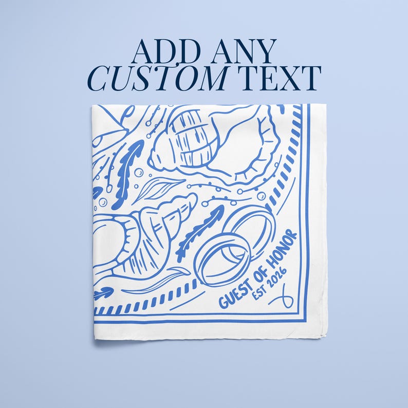 A bright blue and white beach-themed bridesmaid scarf customized with monogram details and seashell artwork, designed as a wedding bandana or bridal accessory, suitable for group orders, wholesale gifts, or coordinated bride tribe outfits for a seaside wedding event.