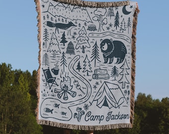 Custom Outdoor Blanket Woven Camping Throw For Men Camper Gift Husband Christmas Present Outdoorsy Gift for Him Personalized Cabin Decor