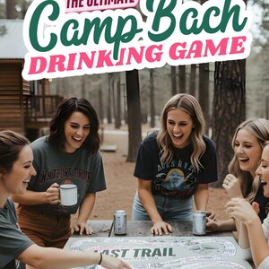 Women playing the ultimate Camp Bach Drinking Game, designed for outdoor bridal showers, last trail before the veil bachelorette, camping bach parties or any lake bachelorette.
