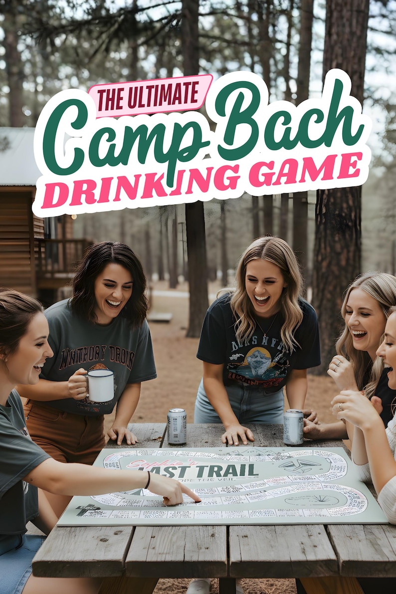 Women playing the ultimate Camp Bach Drinking Game, designed for outdoor bridal showers, last trail before the veil bachelorette, camping bach parties or any lake bachelorette.