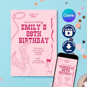 Puede incluir: Invitación de cumpleaños imprimible rosa y roja con temática western. La invitación presenta un lazo, botas de vaquero y una copa de vino. El texto de la invitación dice "Howdy to Emily! Join us to celebrate Emily's 28th Birthday".