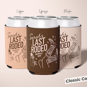 Fun cowgirl-themed bachelorette party can cooler with brown cowgirl style, ideal for “Same Cowboy Forever” celebrations, Last Hoedown favors, or Southwestern bridal showers, designed to keep drinks chilled and add a personal touch for the bride and bridesmaids; reusable foam sleeve.