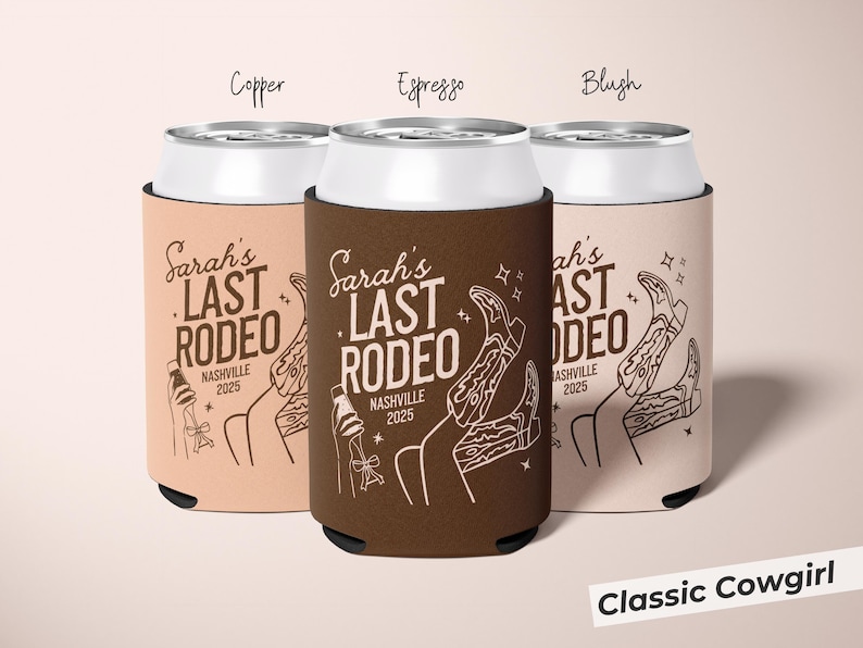 Fun cowgirl-themed bachelorette party can cooler with brown cowgirl style, ideal for “Same Cowboy Forever” celebrations, Last Hoedown favors, or Southwestern bridal showers, designed to keep drinks chilled and add a personal touch for the bride and bridesmaids; reusable foam sleeve.