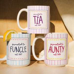Pode incluir: Três canecas de cerâmica com listras verticais e bordas decorativas. Uma caneca tem texto roxo promoted to TÍA est 2027, uma tem texto azul promoted to FUNCLE est 2027 com uma fatia de limão, e uma tem texto vermelho promoted to AUNTY est 2026.