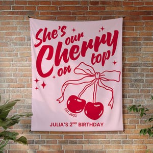 Garden party birthday banner in a cherry theme, customized for a 1st or 2nd birthday girl celebration. Features charming red cherries, soft pinks, and delicate script for that playful coquette vibe.