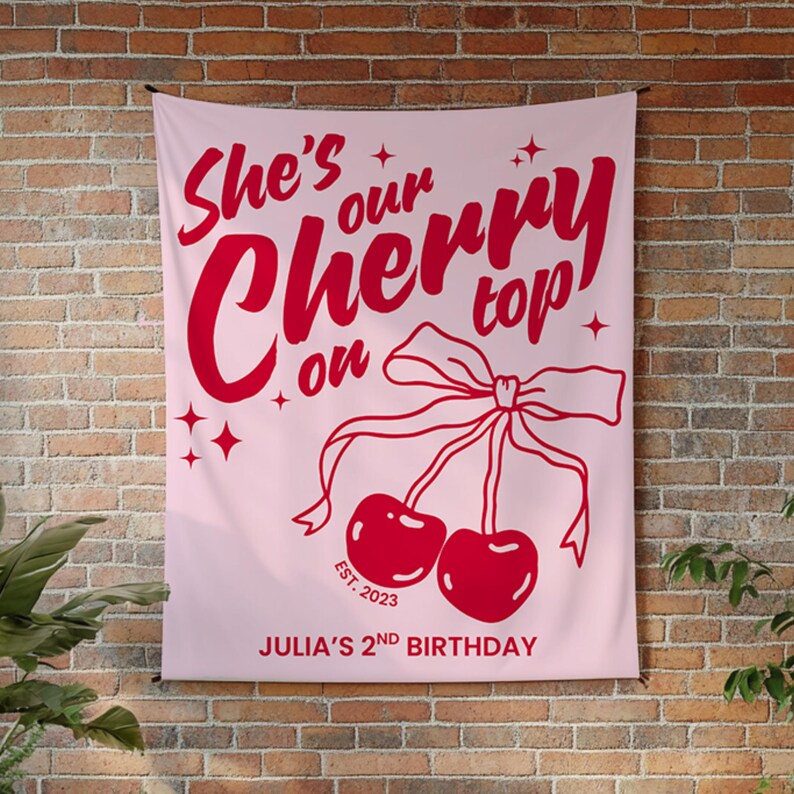 Garden party birthday banner in a cherry theme, customized for a 1st or 2nd birthday girl celebration. Features charming red cherries, soft pinks, and delicate script for that playful coquette vibe.