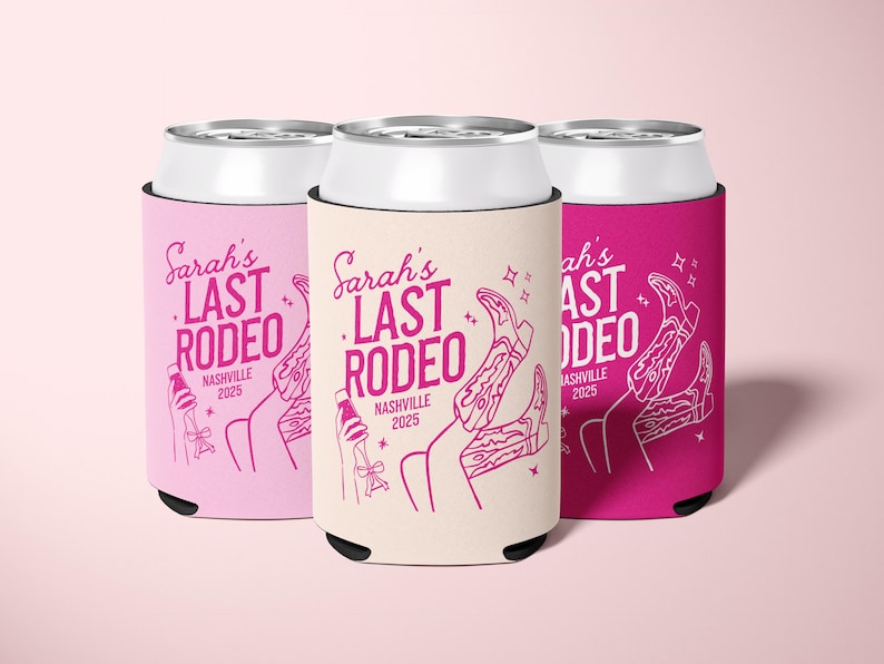 Personalized cowgirl bachelorette can cooler featuring a pink “Last Rodeo” party design, perfect for a Nashville bridal shower, Western bachelorette, or neon cowgirl theme; reusable party favor for bridesmaids with custom name options, fits standard cans, durable and stylish disco cowgirl sleeve to keep drinks cold at your final hoedown.