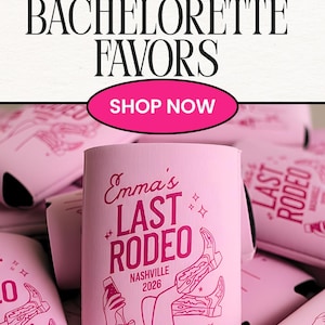 Personalized Nashville bachelorette can coolers for a Last Rodeo Theme party, featuring custom pink cowgirl drink sleeves for a Nashville bach trip. Cute cowgirl bridal shower favors customized with bride name and event details, ideal as a bridesmaid gift bag filler, party favor, guest giveaway or welcome bag gift for western bachelorette weekends, Nashville girls trips, cowgirl bach party celebrations and matching bride tribe accessories.