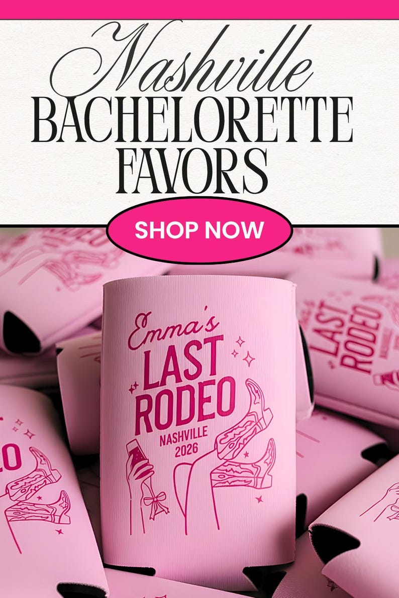 Personalized Nashville bachelorette can coolers for a Last Rodeo Theme party, featuring custom pink cowgirl drink sleeves for a Nashville bach trip. Cute cowgirl bridal shower favors customized with bride name and event details, ideal as a bridesmaid gift bag filler, party favor, guest giveaway or welcome bag gift for western bachelorette weekends, Nashville girls trips, cowgirl bach party celebrations and matching bride tribe accessories.