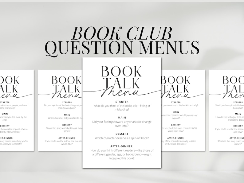 Printable Book Club Game with question cards designed for book discussions, perfect for reading groups, bookish girls' nights, and wine and books parties. Fun book-themed icebreaker for your next book night gathering.