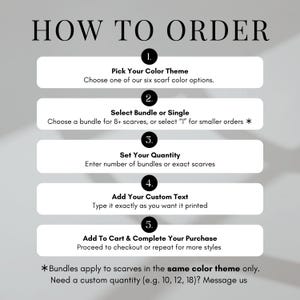 May include: Graphic with the text "HOW TO ORDER" and numbered steps. Instructions include picking a color theme, selecting a bundle or single item, setting quantity, adding custom text, and adding to cart.