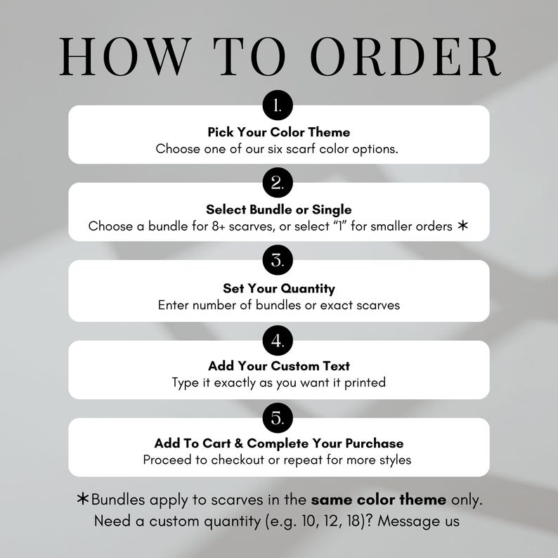 May include: Graphic with the text "HOW TO ORDER" and numbered steps. Instructions include picking a color theme, selecting a bundle or single item, setting quantity, adding custom text, and adding to cart.