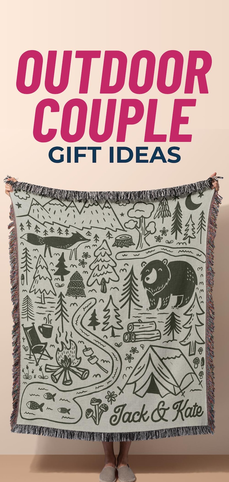 Cozy woven blanket for outdoor couples — a beautiful and practical gift for campers, hikers, and nature lovers. Perfect as an engagement gift, wedding gift, or anniversary surprise for an adventurous couple who loves glamping and cozy nights under the stars. The text overlay reads “Outdoor Couple Gift Ideas.” A thoughtful outdoor couple wedding gift, camping keepsake, or special glamping present for couples who love travel, campfires, and quality time in nature.