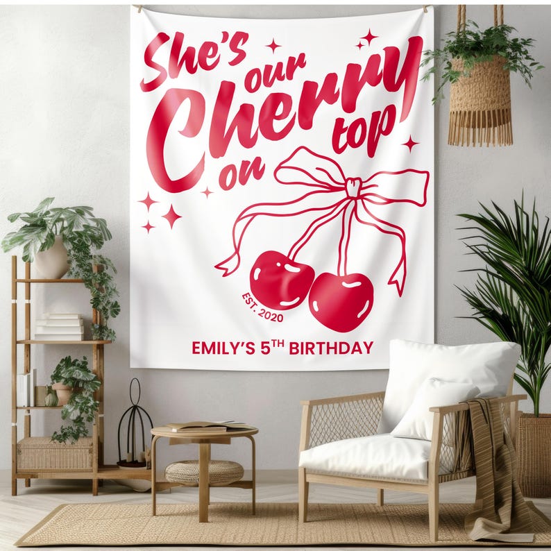 Cherry coquette party sign in red and whitee, designed for stylish baby showers and birthdays. This banner is personalized with your message and made for cherry-themed party decor lovers.