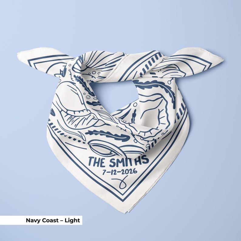 A navy blue customized wedding bandana designed for a seaside bridal party, featuring elegant seashell elements and subtle wedding-themed details, ideal as a bulk wedding favor or bridesmaid gift, doubling as a bridal neck tie or head scarf for coordinated event styling.