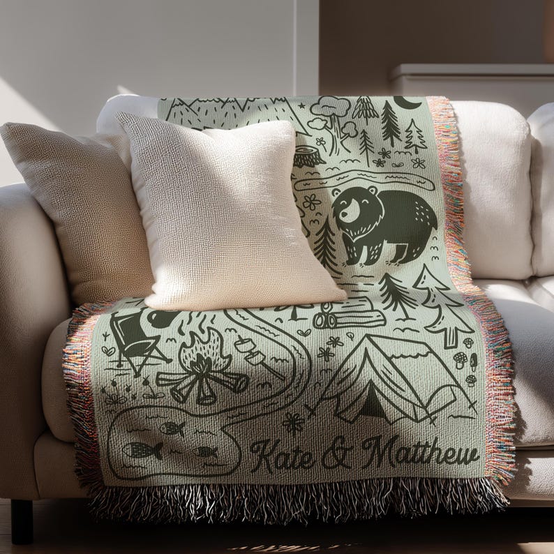 Personalized Camping Throw Blanket Outdoorsy Couple Gift for Nature Lover Tapestry with Family Name Camp Blanket Adventure Couple Keepsake image 10