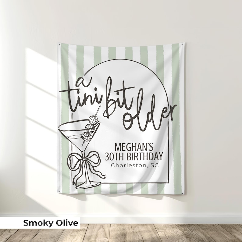 Oversized ‘Tini Bit Older’ party banner for martini-themed birthday celebrations. Designed for cocktail lovers turning 30, 40 or 50, this stylish welcome sign doubles as a martini photo backdrop and adds flair to any espresso martini or dirty martini party setup.