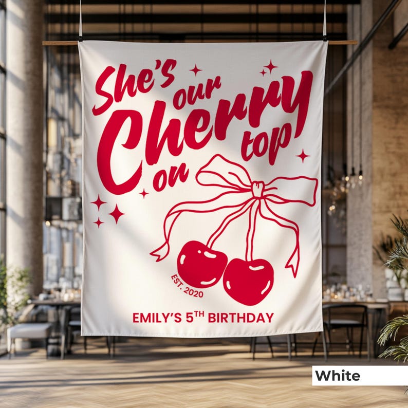 Personalized cherry welcome sign designed for a cherry baby shower or girl's birthday celebration. Features whimsical pink tones, coquette party style, and your custom message to greet guests in style.
