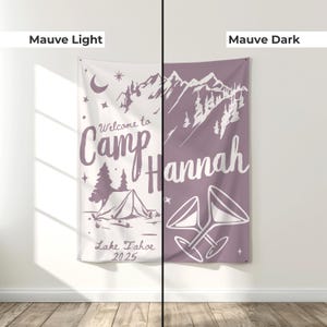 Bridal shower camping tapestry sign with custom text, designed for mountain bachelorette parties, Lake Tahoe weekends, or rustic outdoor bridal getaways. Durable and bold, ideal for hanging near tents, cabins, or lakeside fire pits.