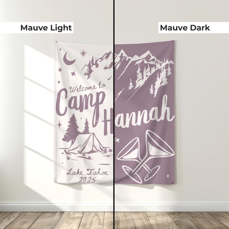 Bridal shower camping tapestry sign with custom text, designed for mountain bachelorette parties, Lake Tahoe weekends, or rustic outdoor bridal getaways. Durable and bold, ideal for hanging near tents, cabins, or lakeside fire pits.
