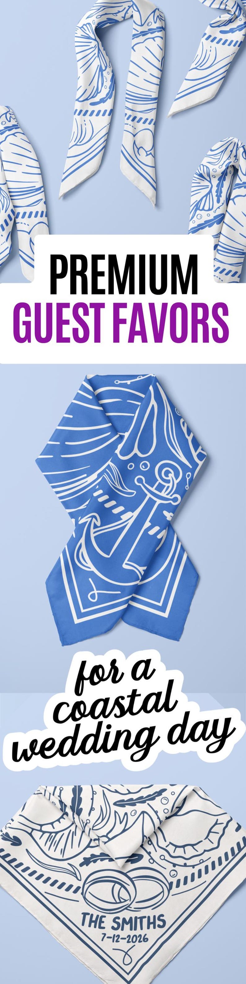 Wedding Guest Gift Idea for a coastal wedding with seashells and wedding bells theme, great as a custom wedding keepsake or coastal bachelorette bridesmaid gift. This wedding bandana for bride and guests is the perfect seaside reception gift for large groups, fully customizable for the nautical wedding day.