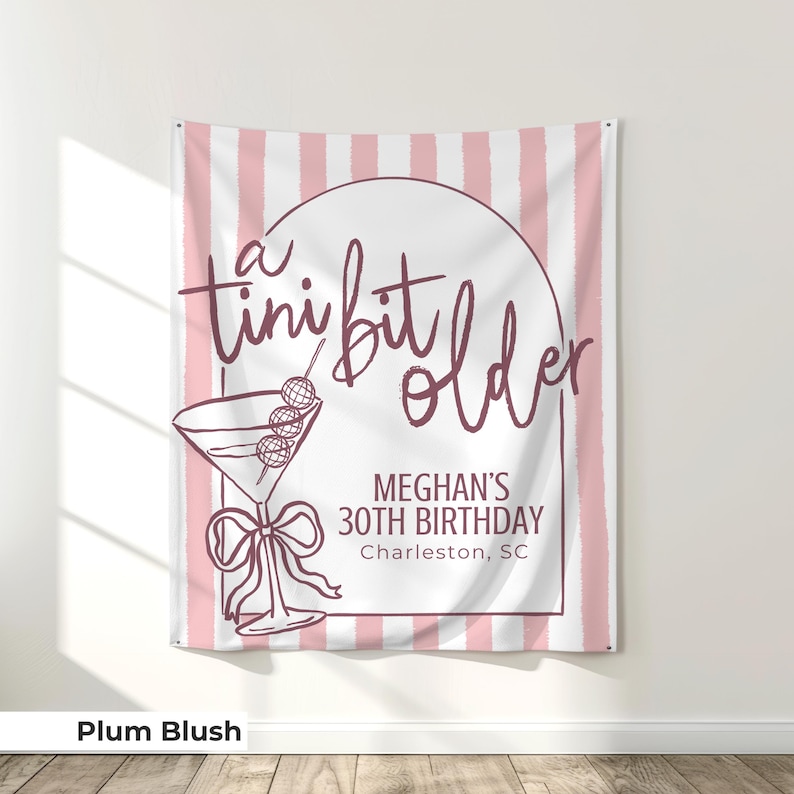Large 'Tini Bit Older' birthday banner with martini glass graphics for cocktail-themed parties. A standout choice for 30th or 40th birthday decor, this espresso martini party sign brings glamour and humor to any martini-themed celebration.