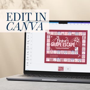 以下が含まれることがあります： ノートパソコンには、「Emma's Grape Escape」というテキストが入った赤いボードゲームのデザインが表示されています。「Edit in Canva」という言葉が画面上部にあります。ゲームボードには、イラスト入りの正方形とテキストがあります。