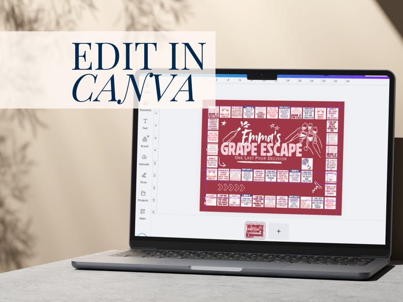 以下が含まれることがあります： ノートパソコンには、「Emma's Grape Escape」というテキストが入った赤いボードゲームのデザインが表示されています。「Edit in Canva」という言葉が画面上部にあります。ゲームボードには、イラスト入りの正方形とテキストがあります。