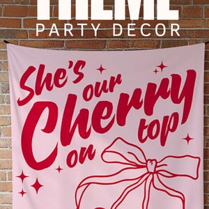 Personalized cherry themed party decor, ideal for girl's 1st or 2nd birthday, baby shower, or a coquette themed party. Includes editable text and pink cherry design elements to match your cherry birthday decor perfectly.