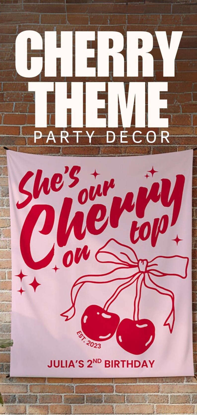 Personalized cherry themed party decor, ideal for girl's 1st or 2nd birthday, baby shower, or a coquette themed party. Includes editable text and pink cherry design elements to match your cherry birthday decor perfectly.