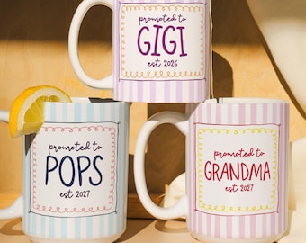 Custom pregnancy announcement mug striped pregnancy reveal gift for new grandma coffee cup promoted to grandpa gift first time grandparent