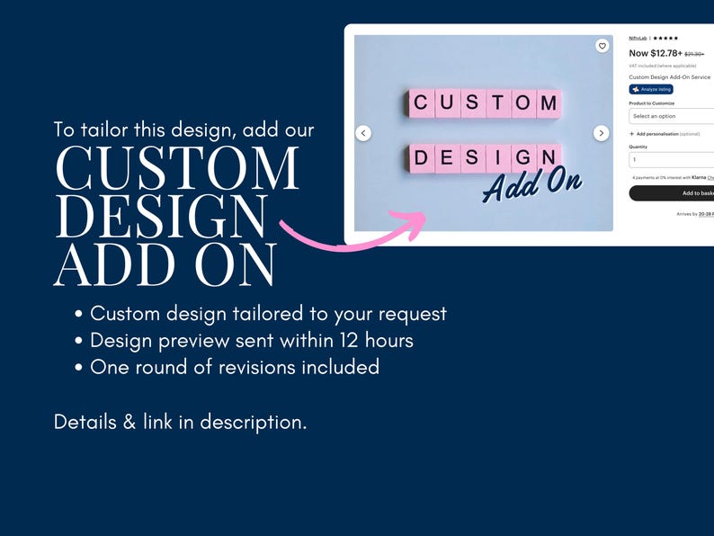 Image promoting Custom Design Add-On service for personalized shirts, banners, can coolers and party items. Design preview sent within 12 hours with one revision included.
