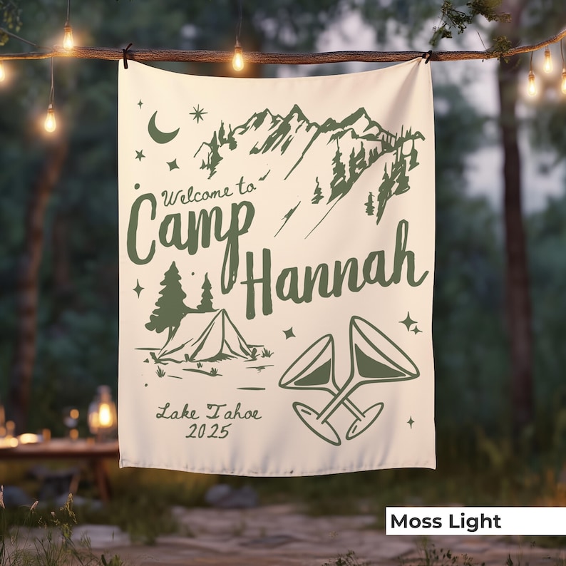 Customizable “Camp Bride” bachelorette party banner featuring large, bold text—perfect as outdoor decor for a glamping weekend, cabin trip, or bridal camping celebration. Personalize it with the bride’s name for the ultimate photo backdrop at your tented bash.