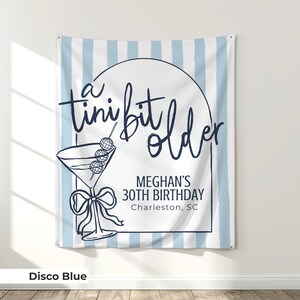 Printable birthday sign featuring a martini glass design and playful ‘Tini Bit Older’ phrase. Ideal for cocktail-themed birthday parties, this large party banner adds a chic, boozy vibe to espresso martini nights and birthday toasts with friends.