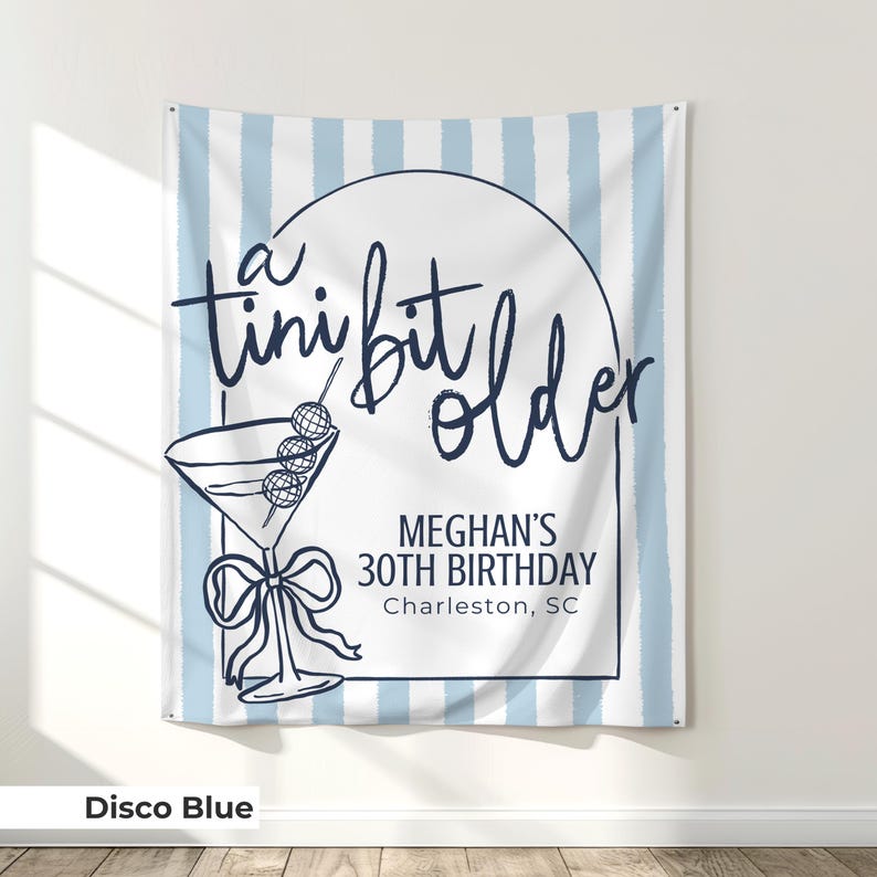 Printable birthday sign featuring a martini glass design and playful ‘Tini Bit Older’ phrase. Ideal for cocktail-themed birthday parties, this large party banner adds a chic, boozy vibe to espresso martini nights and birthday toasts with friends.