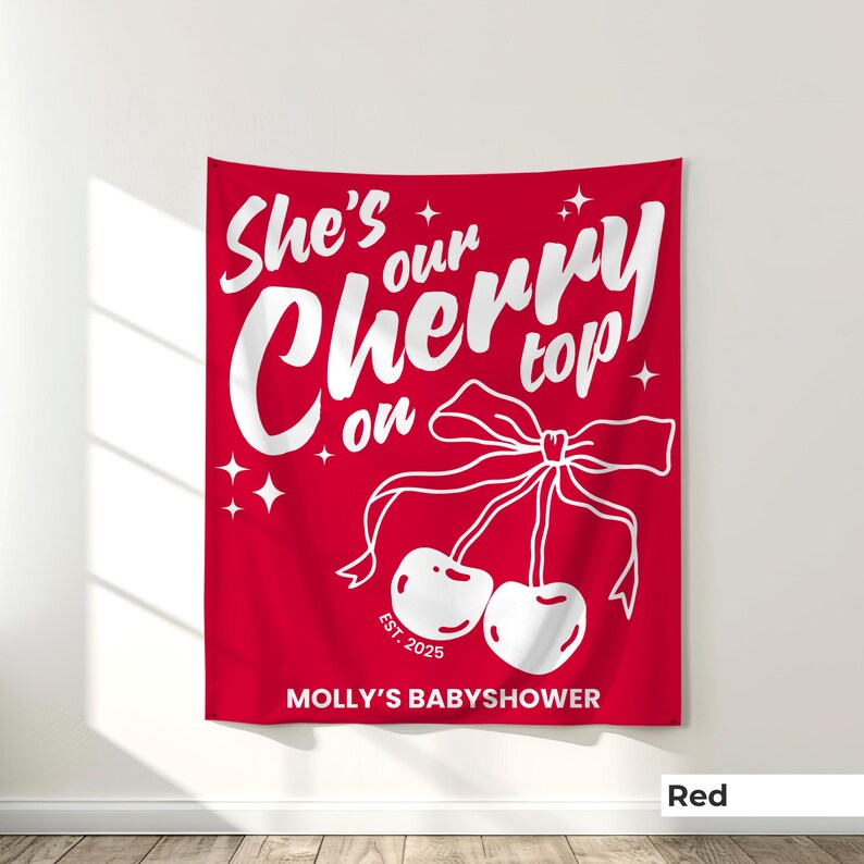 Pink cherry party sign with "Our Cherry on Top" quote, perfect for decorating baby showers or birthdays with a fruity twist. Personalize with your child’s name to make it the centerpiece of your cherry birthday backdrop.