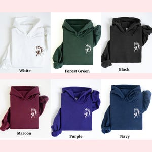 Op de afbeelding: Een collectie van zes hoodies in verschillende kleuren: wit, bosgroen, zwart, bordeaux, paars en marineblauw. Elke hoodie heeft een witte paardenkopafbeelding op de voorkant. De kleuren staan onder elke hoodie.