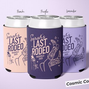 Custom Last Rodeo bachelorette can sleeve with disco cowgirl design, durable can cooler for Nashville party ideas, cosmic cowgirl bachelorette, or classic cowgirl bach; perfect for adding a personalized favor that keeps drinks cold during bridal festivities or girls’ night.