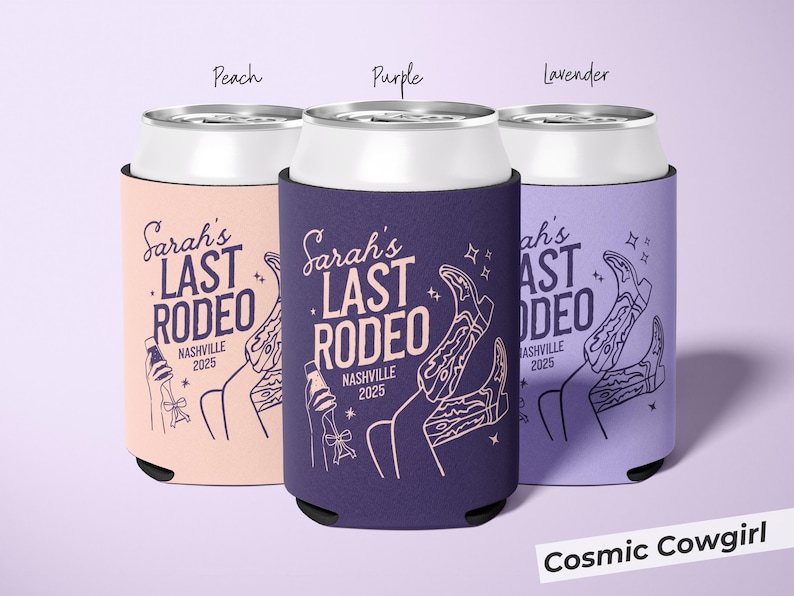 Custom Last Rodeo bachelorette can sleeve with disco cowgirl design, durable can cooler for Nashville party ideas, cosmic cowgirl bachelorette, or classic cowgirl bach; perfect for adding a personalized favor that keeps drinks cold during bridal festivities or girls’ night.