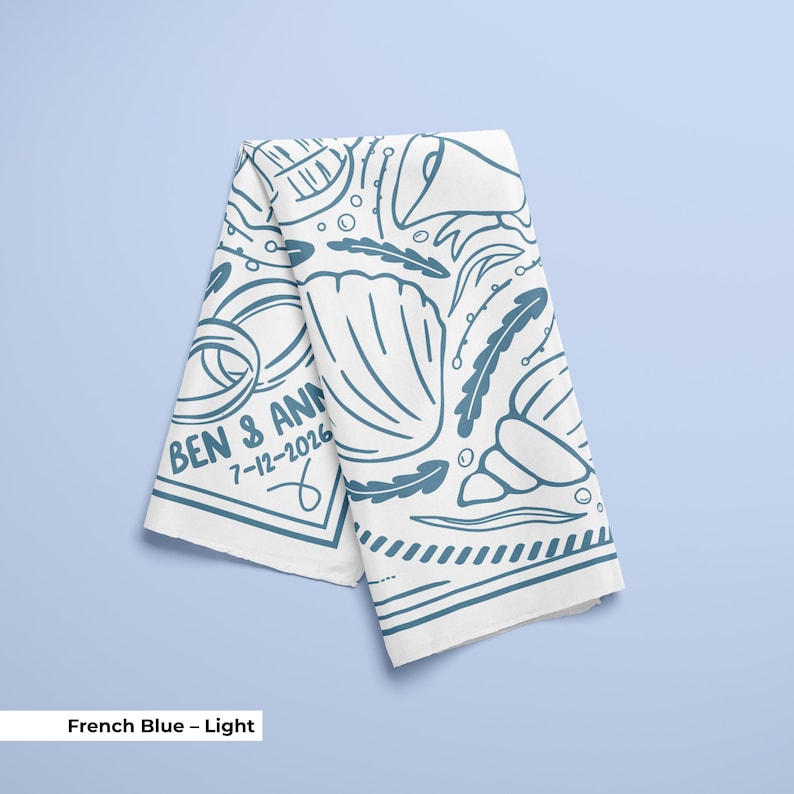 A French Blue coastal wedding handkerchief scarf personalized with names or roles, decorated with seashell patterns and wedding-inspired accents, created for bridal party gifting, bachelorette celebrations, or wedding guest favors, offering a cohesive and stylish accessory option.