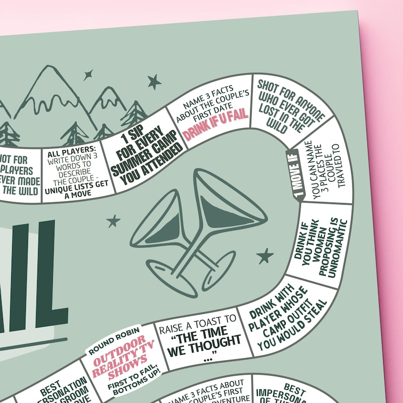 Customizable printable Camp Bachelorette drinking board game designed for a lake bachelorette or cabin crew before “I do” celebration. This editable board game includes camp-themed elements and allows full personalization, making it a memorable and funny gift for bride party game.