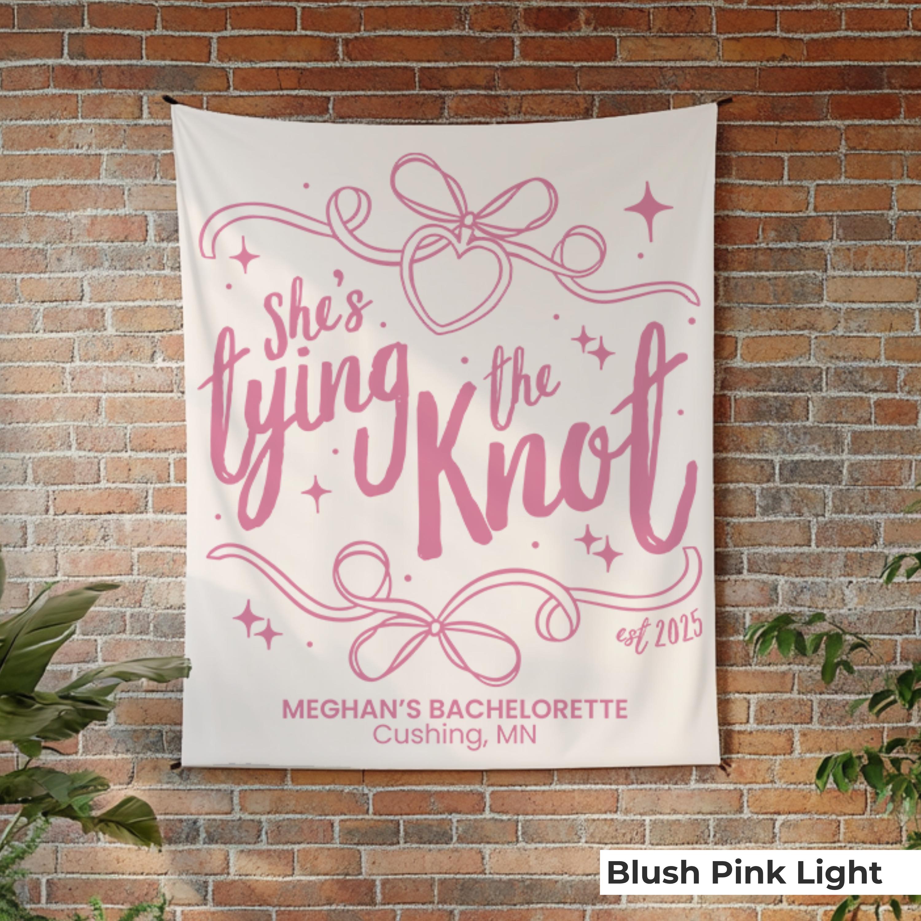 She's Tying The Knot Banner Personalized Coquette Bachelorette Party Tapestry Pink Bow Bridal Shower Photo Backdrop Tie The Knot Theme Decor