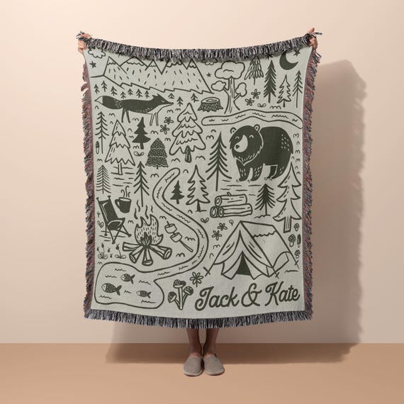 Personalized Camping Throw Blanket Outdoorsy Couple Gift for Nature Lover Tapestry with Family Name Camp Blanket Adventure Couple Keepsake