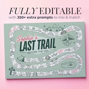 May include: A board game titled "Sophie's Last Trail" with a teal and pink color scheme. The game board features various prompts and instructions, including text that reads "FULLY EDITABLE with 250+ extra prompts to mix & match."