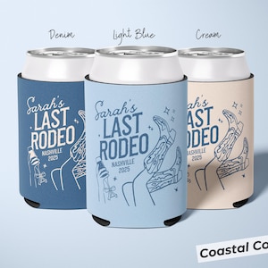 Vibrant coastal cowgirl bachelorette party favor can cooler in a coastal disco cowgirl design, perfect for Last Hoedown parties and Southwestern bridal showers, reusable sleeve fits 12 oz cans, making it a unique Nashville bridal shower accessory and a memorable custom bridesmaid gift.
