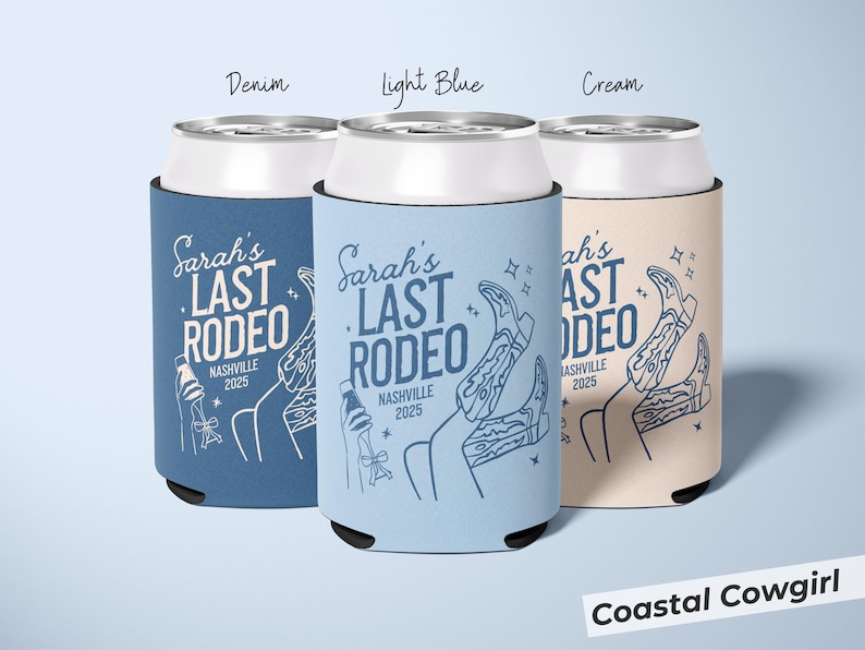 Vibrant coastal cowgirl bachelorette party favor can cooler in a coastal disco cowgirl design, perfect for Last Hoedown parties and Southwestern bridal showers, reusable sleeve fits 12 oz cans, making it a unique Nashville bridal shower accessory and a memorable custom bridesmaid gift.