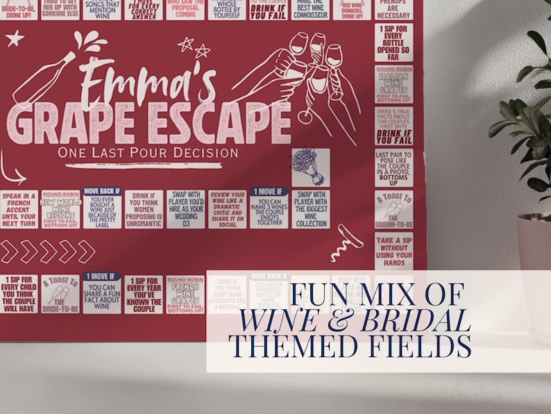 Wine-themed game for bridal shower guests to enjoy while sipping their favorite vino and celebrating the upcoming wedding.