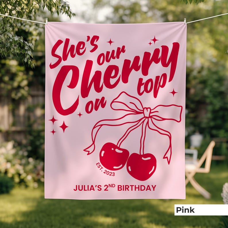Custom pink cherry birthday banner featuring sweet cherry illustrations and elegant fonts, perfect for a cherry-themed girl birthday or coquette baby shower backdrop. A beautiful and personalized sign ideal for "our cherry on top" party themes.