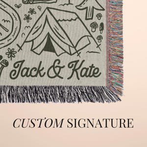 Cozy outdoor throw blanket with custom family or couple name, designed for camping couples and outdoor families—a keepsake for travel memories and outdoor escapes.